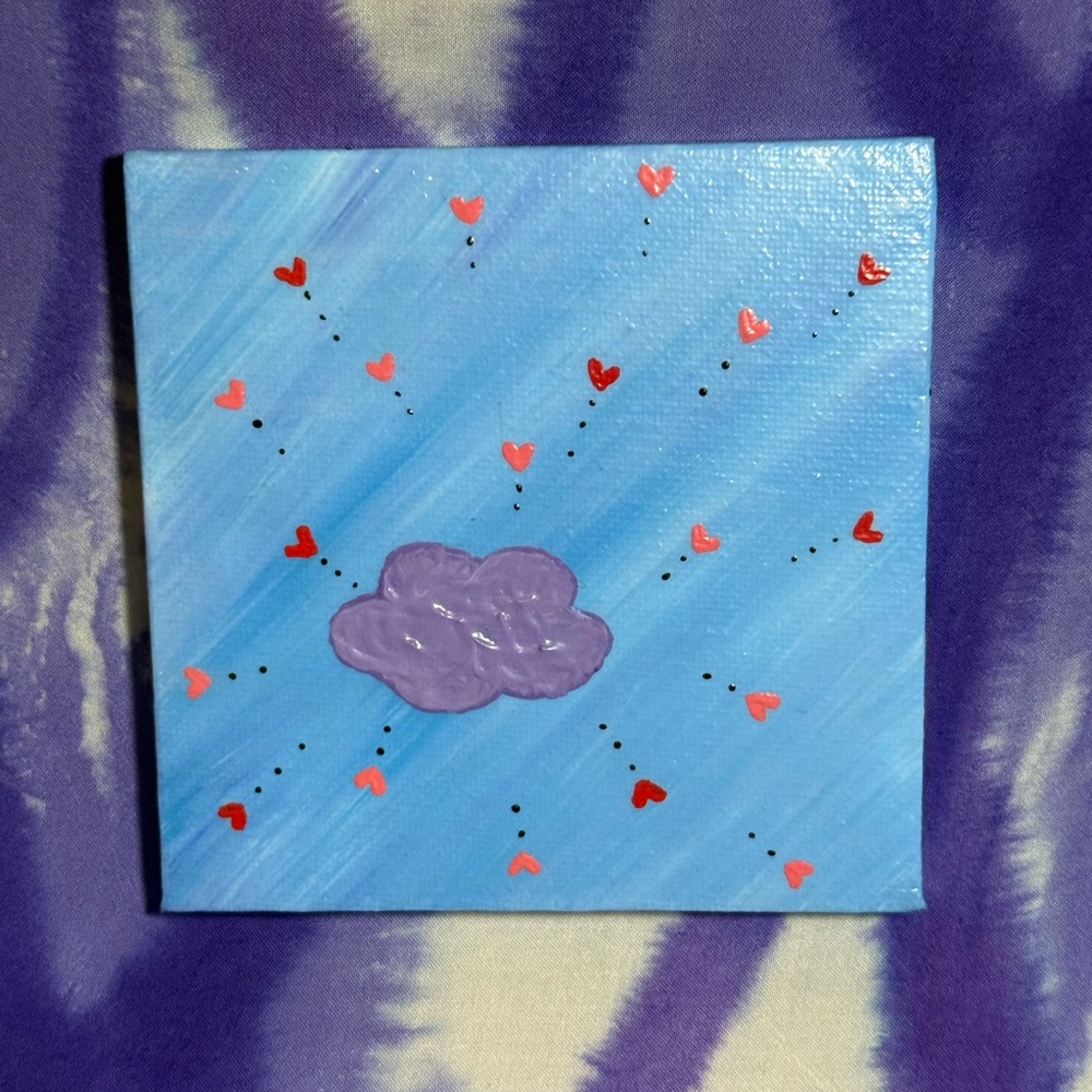 Hand-Painted 4” Blue Canvas with Purple Cloud and Hearts